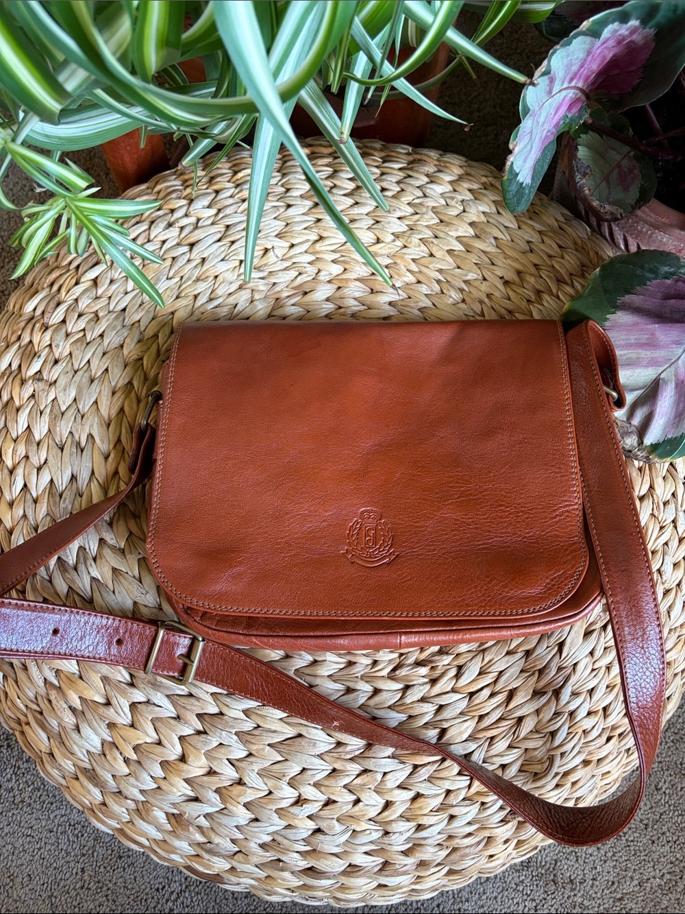 Rare Embossed Crest Tan Italian Leather Crossbody Bag - Classic Everyday Style